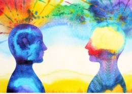 watercolor picture of two figures facing each other
