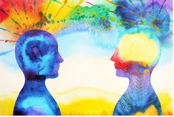 watercolor picture of two figures facing each other